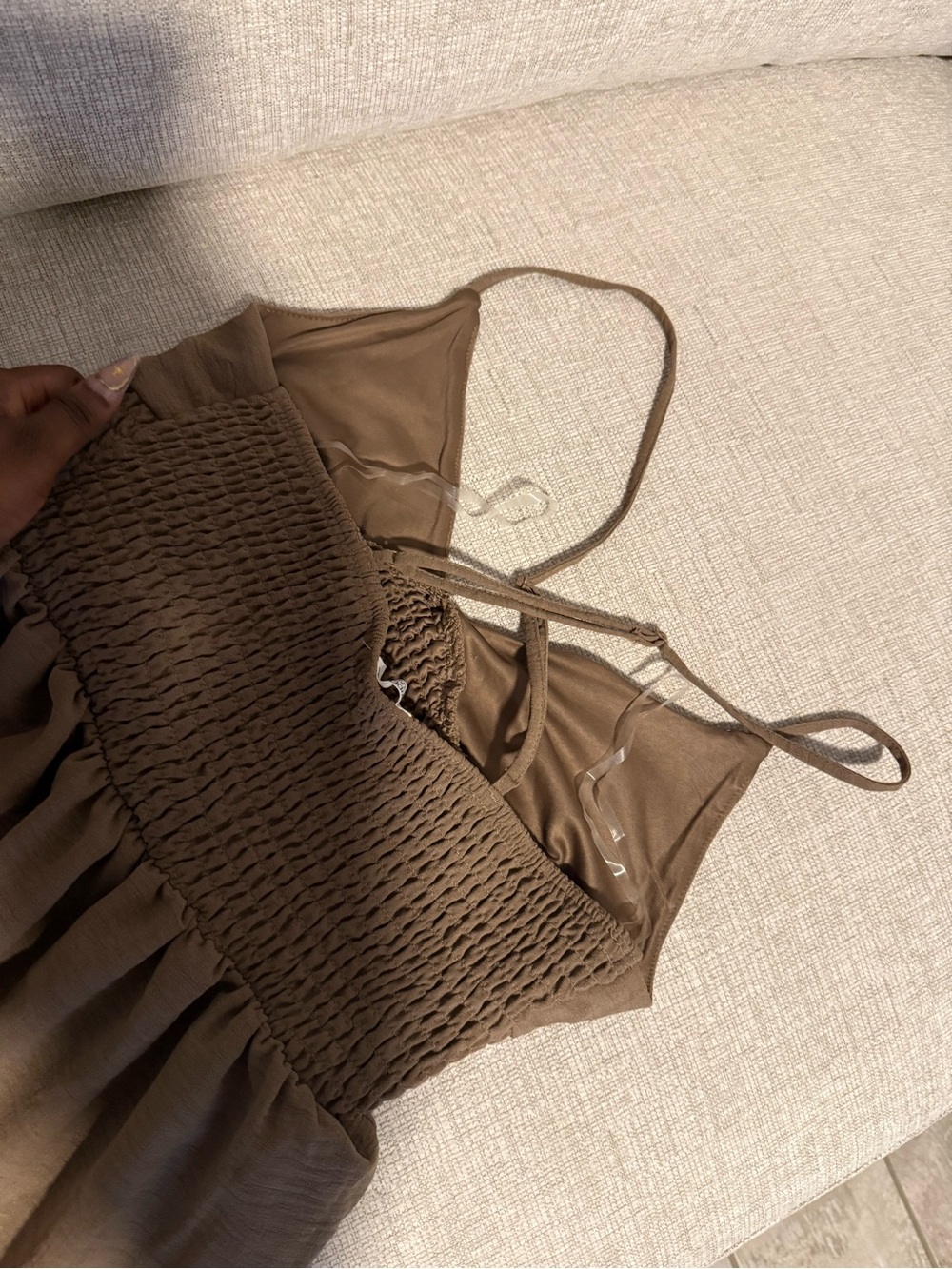 Ardene Brown Smocked Maxi Dress with Spaghetti Straps - Picture 4 of 5